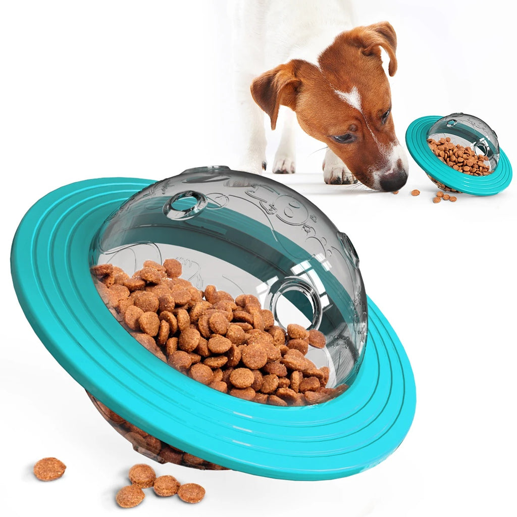Blue and yellow UFO-shaped interactive slow feeder toy for dogs
